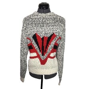 Vtg 80s 90s Statement Sweater Abstract Graphic Red Black‎ White Boucle Knit B-42